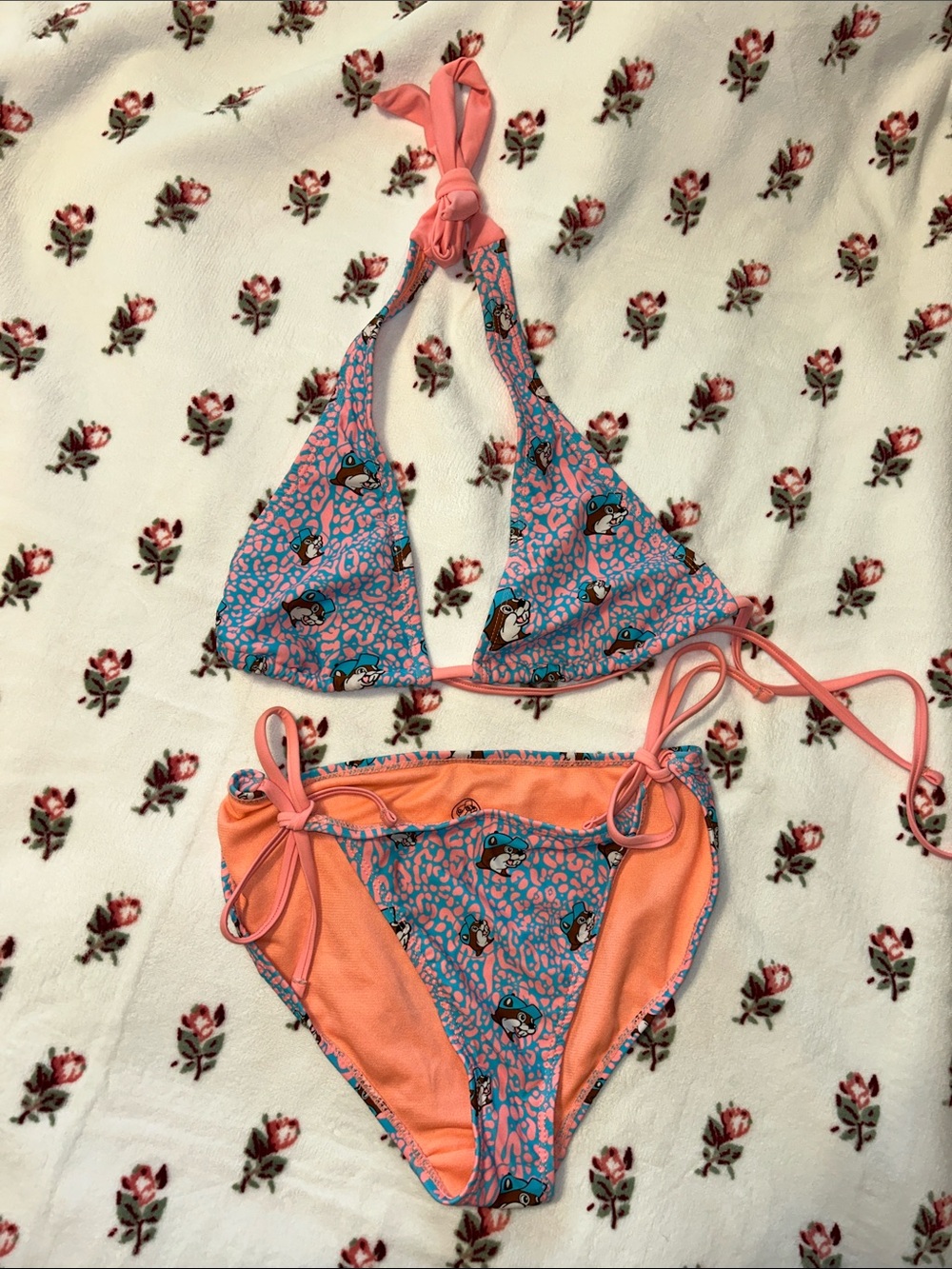 BUC-EE’s Bright Coral & Blue Printed Tie-Side Bikini